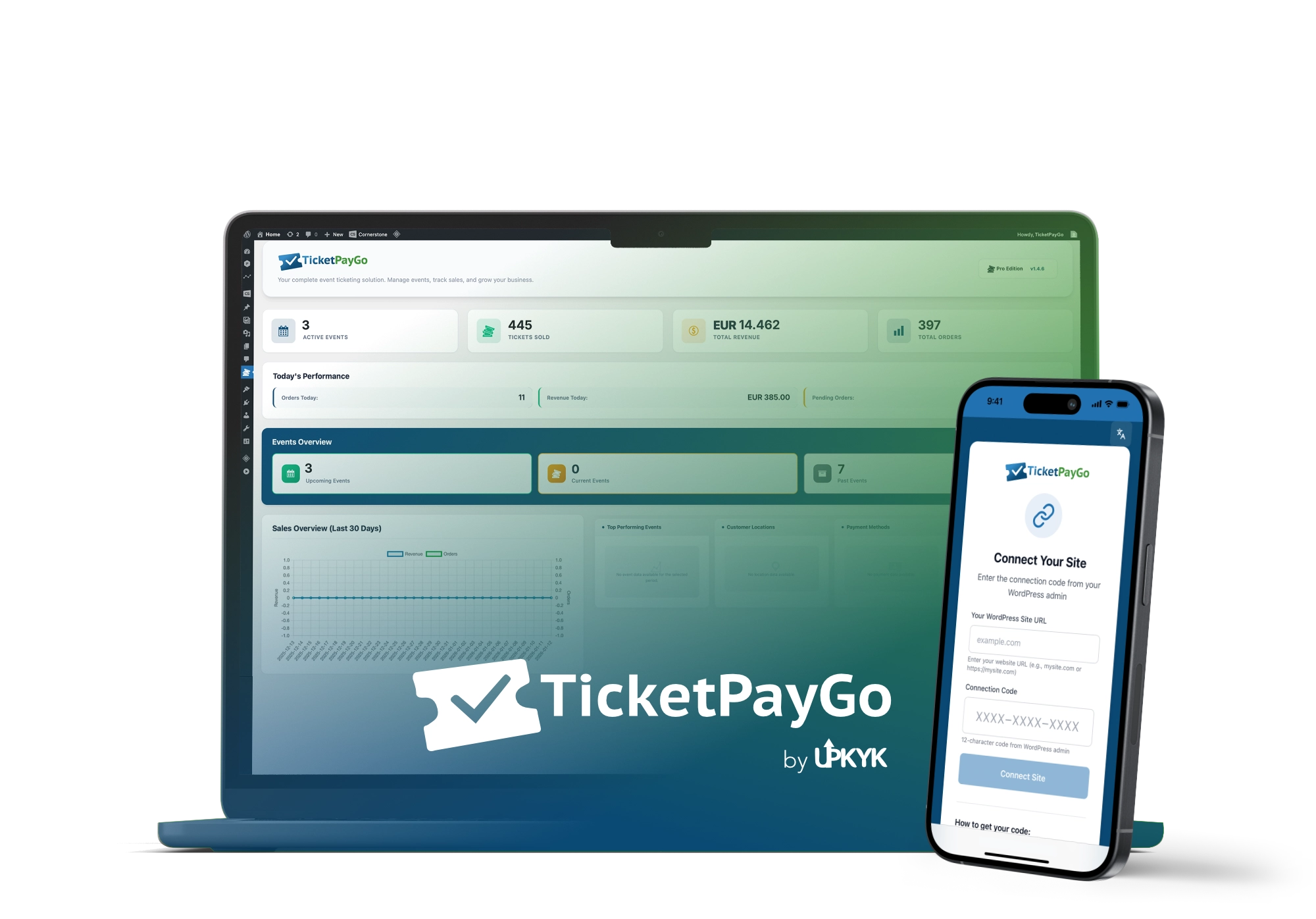 TicketPayGo dashboard showing event management, ticket sales, and QR code scanning interface