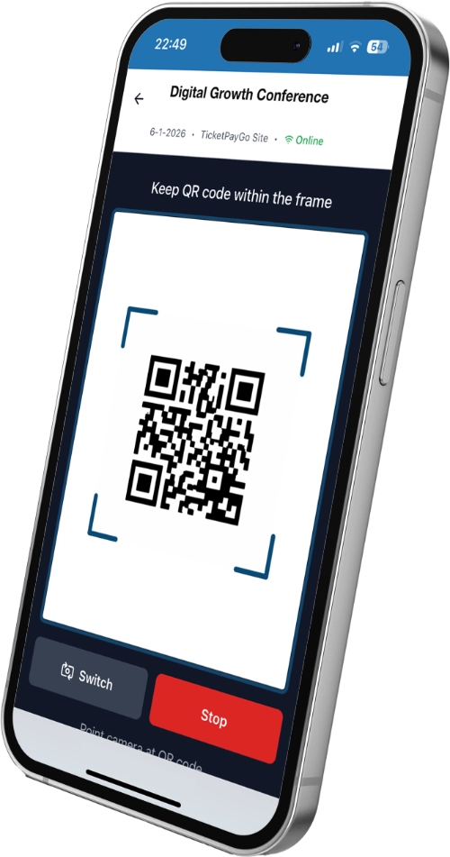 TicketPayGo QR scanner app running on iPhone showing ticket validation